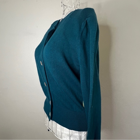 New Ryegrass teal cardigan sweater w/rhinestone buttons, a cashmere blend, S. - Picture 6 of 12